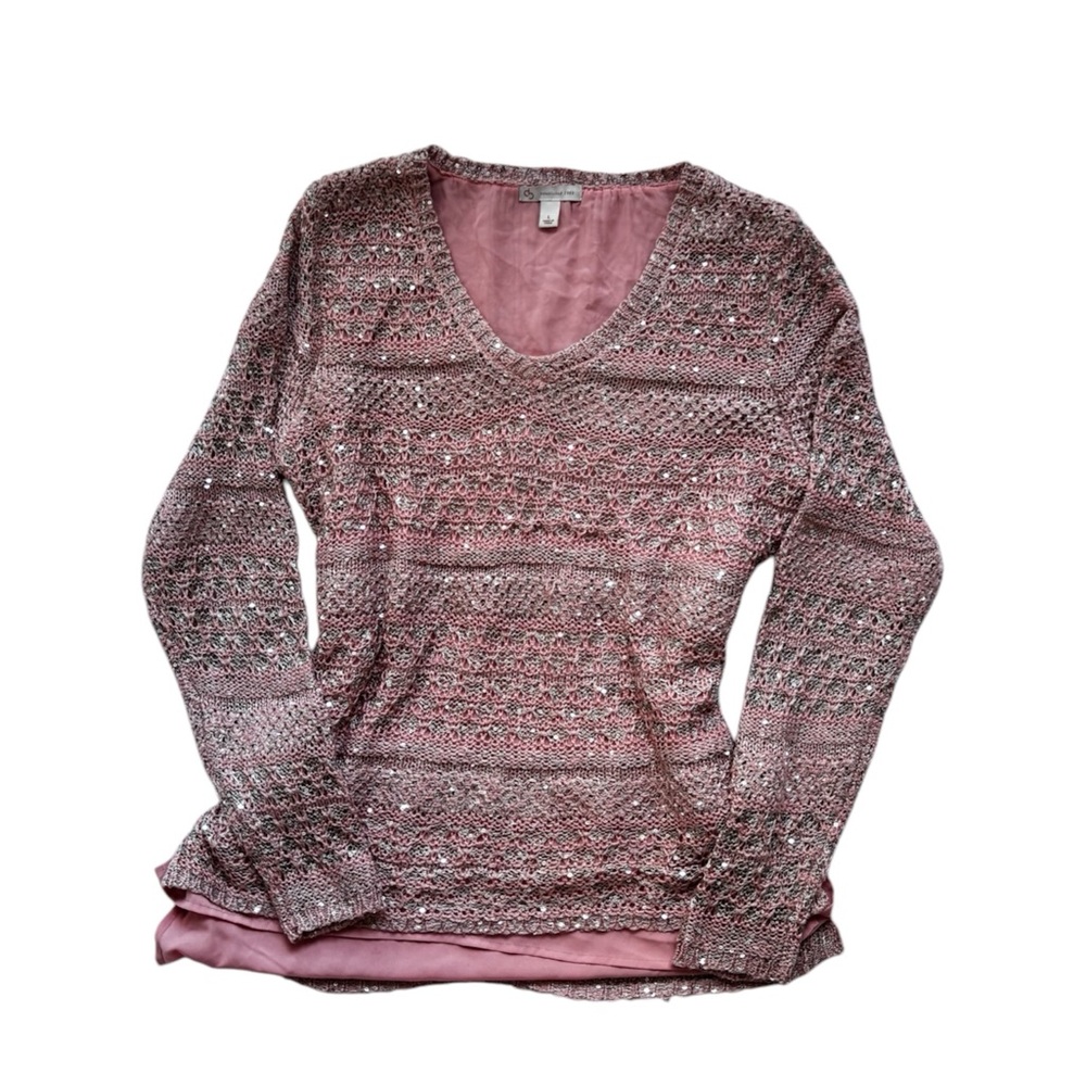 Long sleeve V neck pink sparkle cache sequin metallic knit party cute sweater